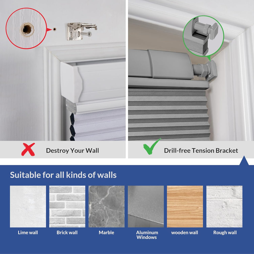 No Drill TDBU Cellular Shades for Windows,Grey, | Top Down Bottom Up Cordless Blackout Honeycomb Blinds, No tools