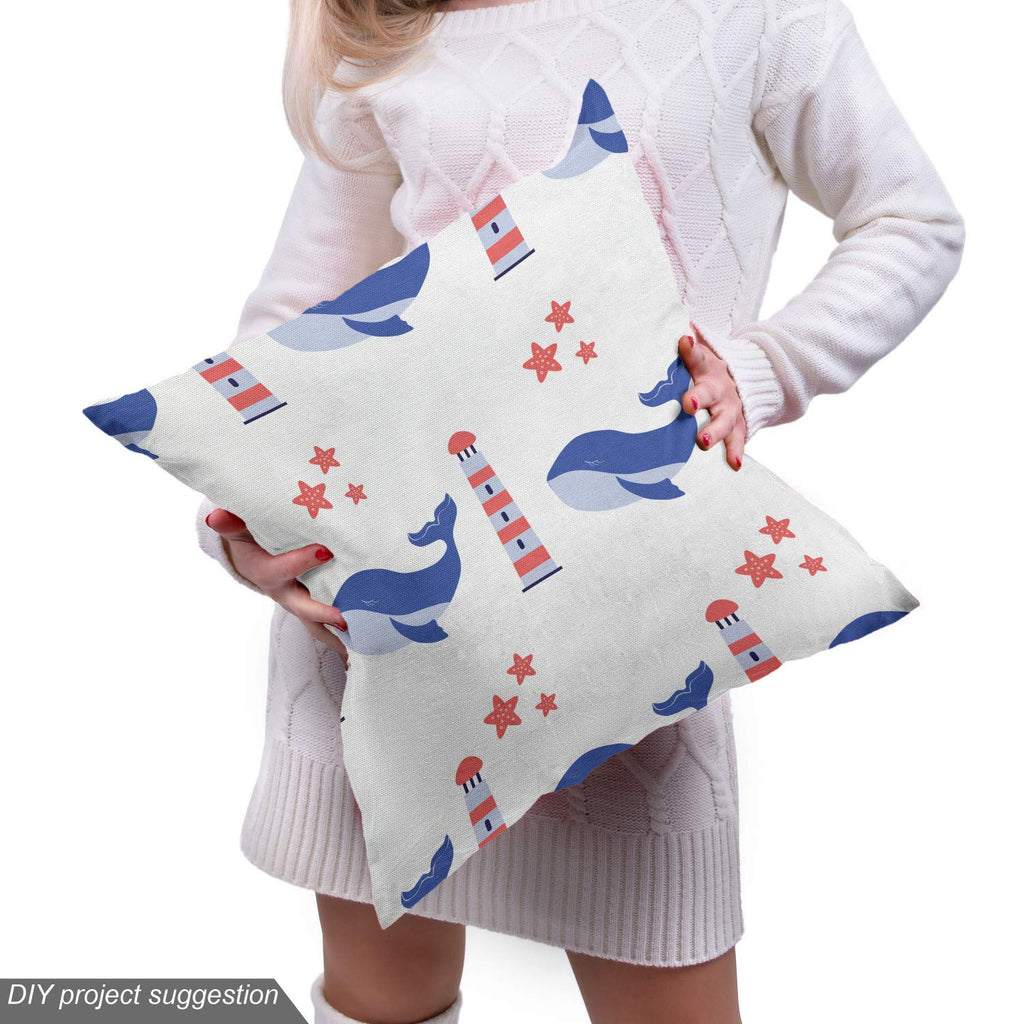 Nautical Blue Fabric by The Yard, Marine Themed Pattern of Whale Lighthouse and Starfish, Decorative Fabric for
