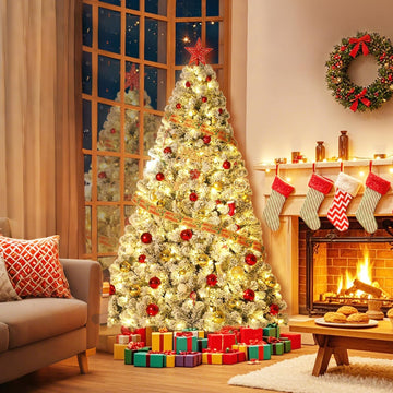 Pre-Lit Flocked Artificial Christmas Tree with Warm White Lights, Pure PVC Material, Hinged Branches for Easy