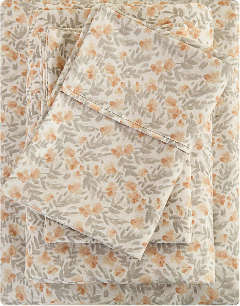 Floral Sheet Set - 4 Piece Vintage Light Orange Flower Patterned Bed Sheets - Soft, Breathable Microfiber