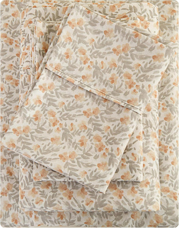 Floral Queen Sheet Set - 4 Piece Vintage Light Orange Flower Patterned Bed Sheets - Soft, Breathable Microfiber