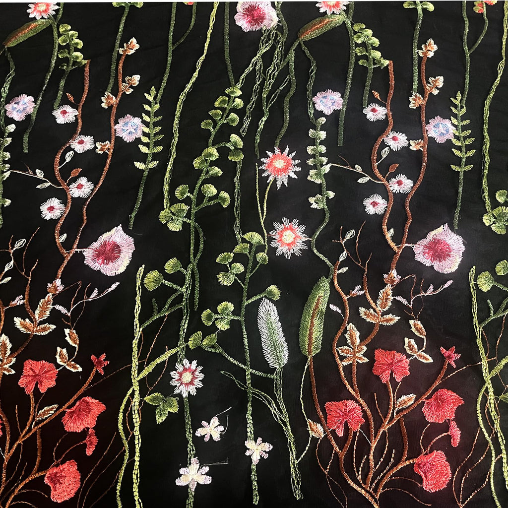 Lace Fabric, 2 Yards Black Beautiful Multicolor Seaweed Flowers Dense Embroidery Fabric Tulle Lace DIY for Sewing