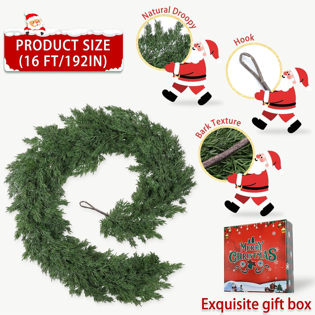 16 Ft Christmas Garland Soft Bendable Realistic Artificial Cedar Pine Green Xmas Mantle Garland for Staircase