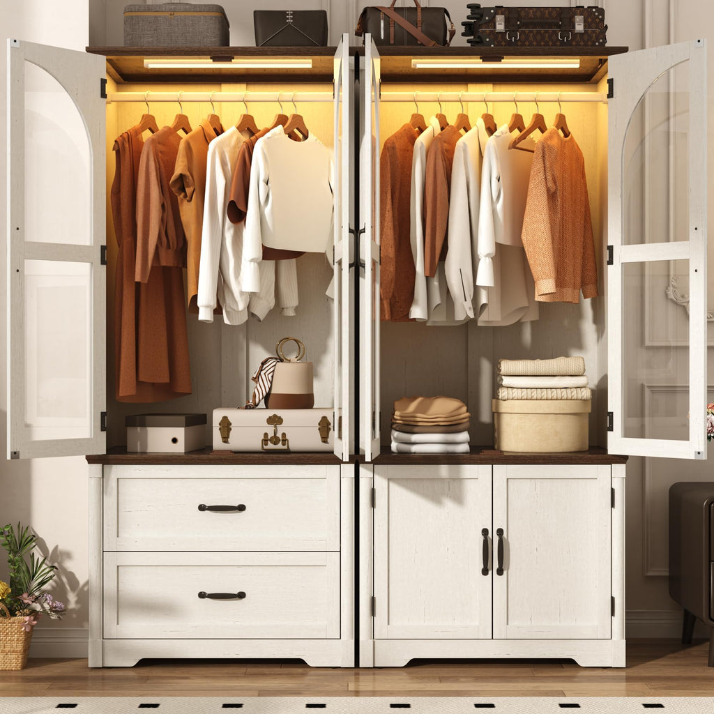 Tall Farmhouse 4 Doors Armoire Wardrobe Closet with LED, 72" Freestanding Arched Wardrobe Closet Cabinet w Glass