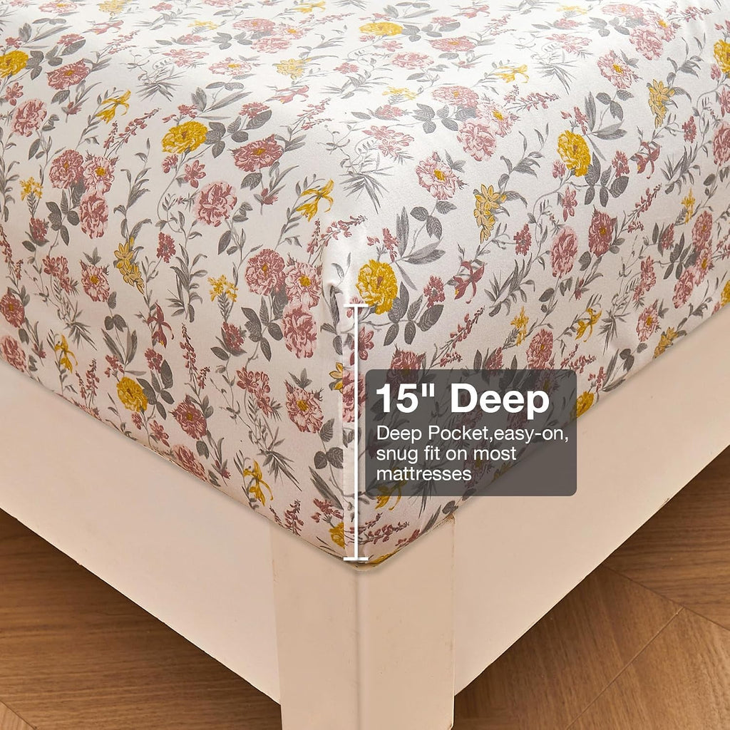 Floral King Sheet Set - 4 Piece Vintage Pink & Yellow Flower Patterned Bed Sheets - Soft, Breathable Microfiber