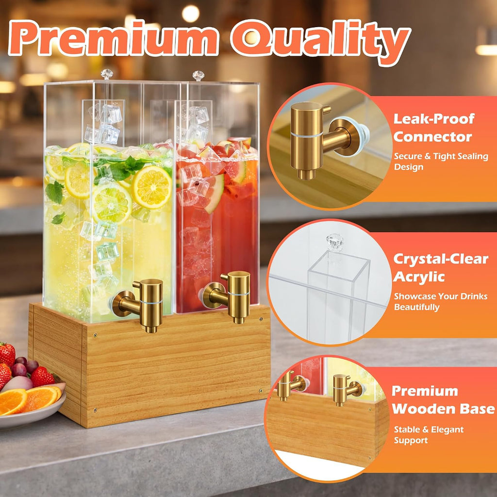 Gallon Drink Dispenser, Beverage Dispenser with Wood Stand, Large Drink Dispenser for Parties - Set of 2