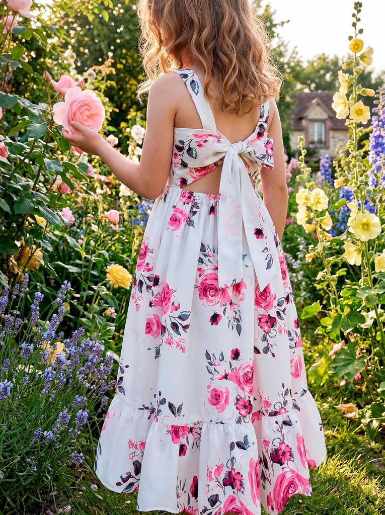Floral Girls Summer Dress Maxi Flowy Tie Back Spring Kids Birthday Party Sundress