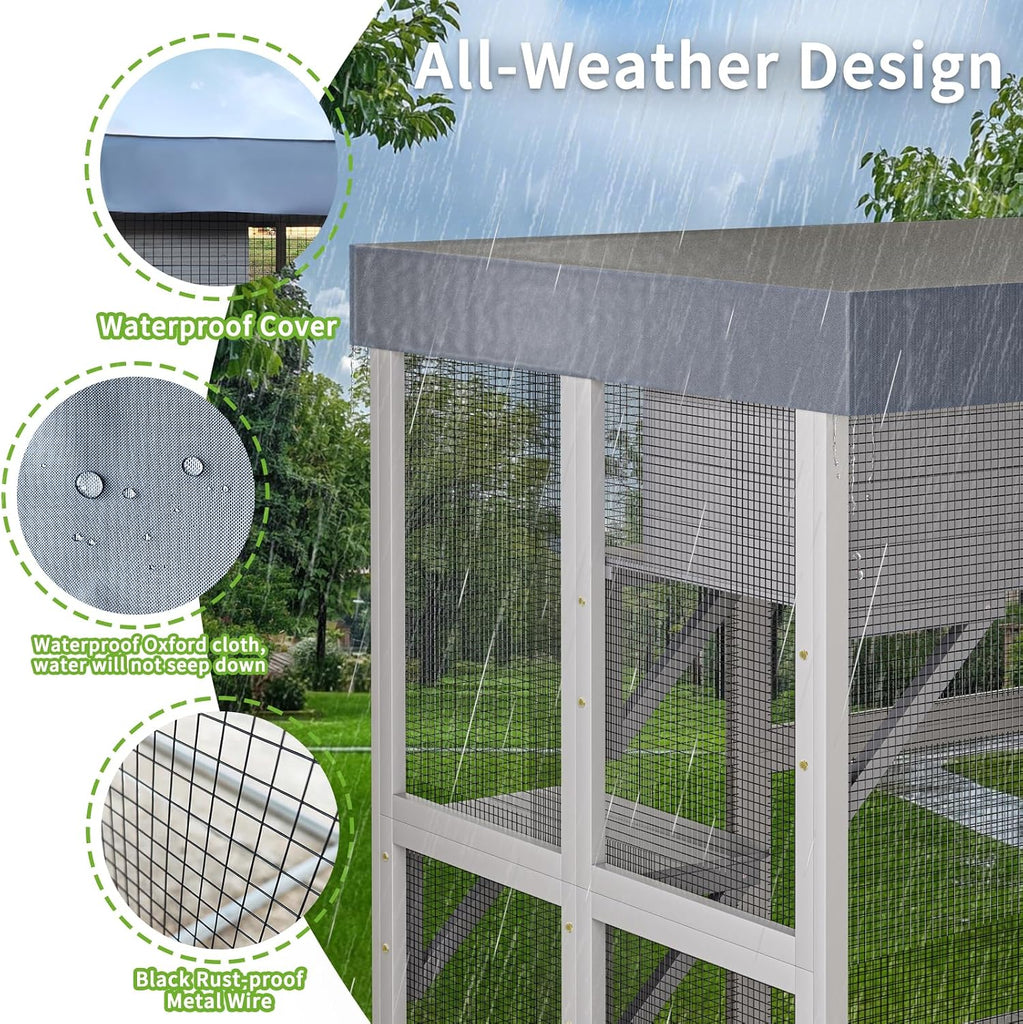 62.6" Outdoor Wooden Cat House Large Catio, Solid Wood Cat Cage Shelter Enclosure Playpen with Anti-UV& Waterproof, 5