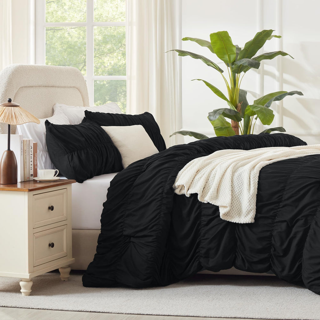 Ruched Black Comforter Set, Boho Ruffle 3 Pieces