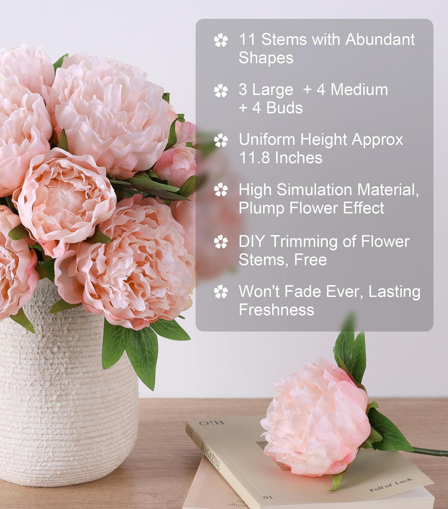 Pink Peonies Artificial Flowers, Realistic Faux Flowers for Vase, Silk Flowers Decor Indoor, Wedding, Party - Set of 11