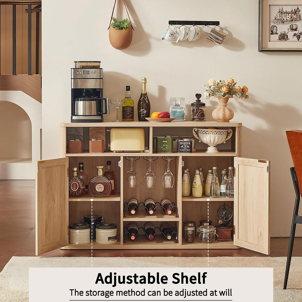 Rattan Wine Bar Cabinet with 2 Doors, Natural Wood | Boho Liquor Cabinet with Wine Racks & 2 Open Shelves & Rounded