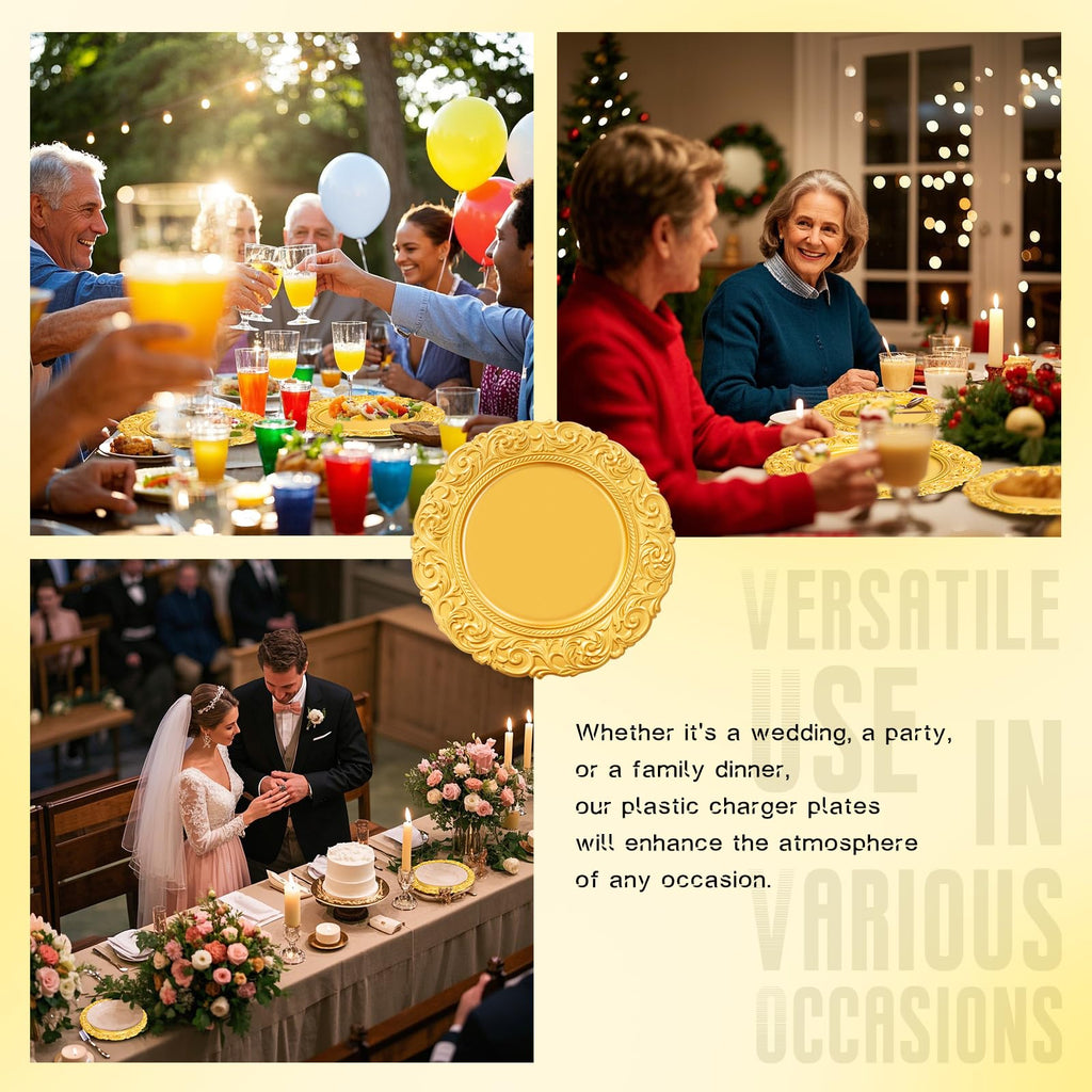 Bulk 100Pcs - 13" Gold Chargers for Dinner Plates, Floral Embossed Decorative Charger Plate for Wedding & Event