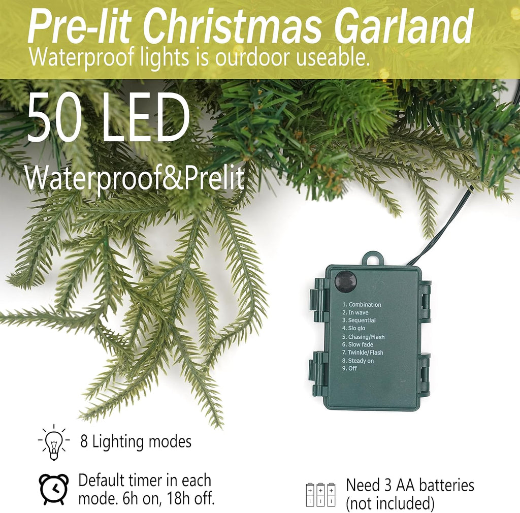 Prelit Christmas Garland 9ft with 50 LED Lights, Battery Opreated Christmas Decor Timer for Mantle Staircase Indoor
