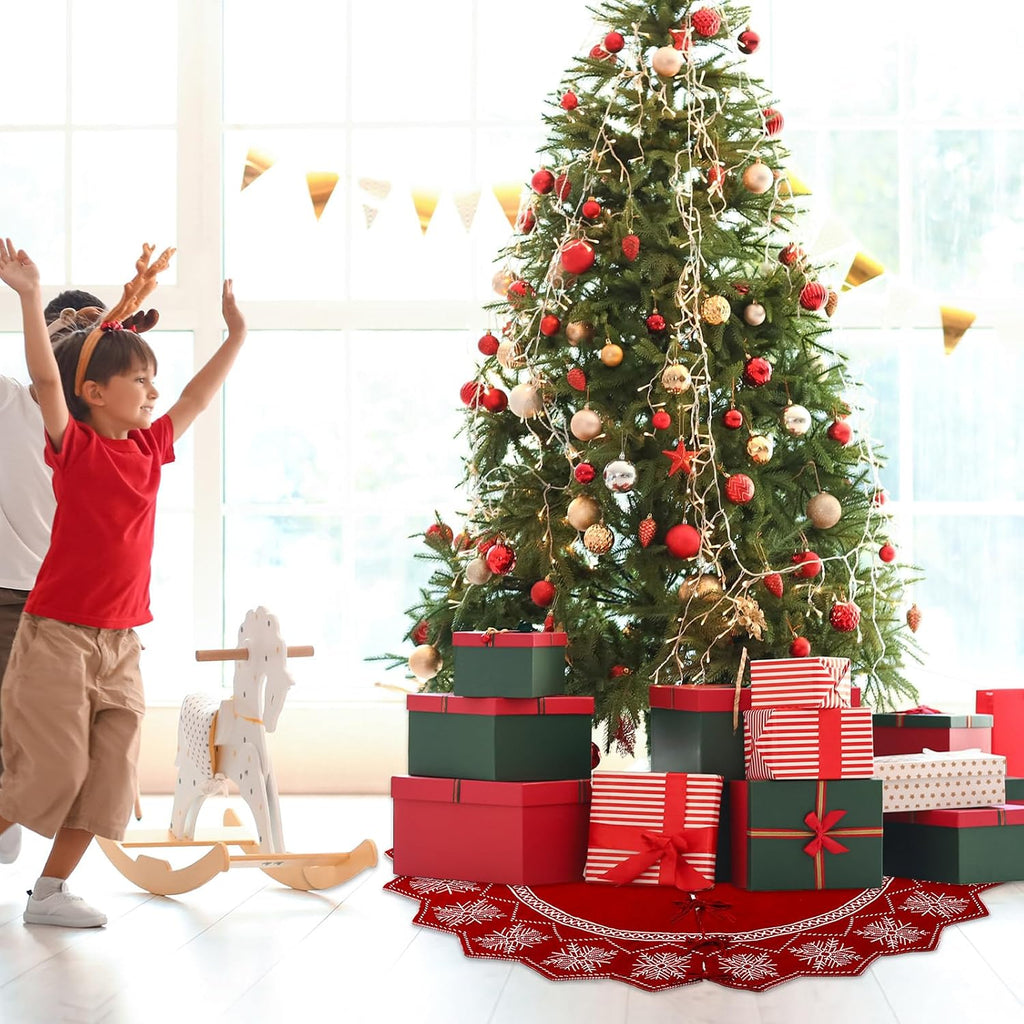 60inch Extra Large Christmas Tree Skirt Wavy Edged Reversible Knitted Tree Skirt Burgundy & Snowflake Pattern Thick