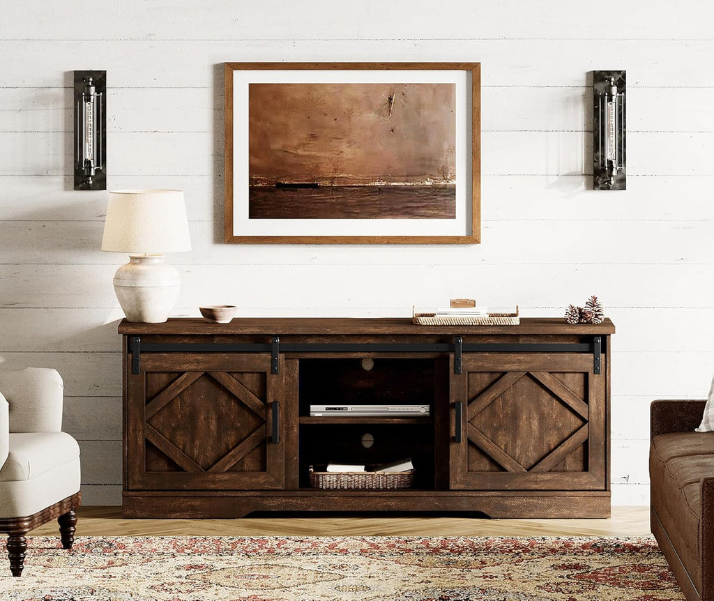 25.6"H Farmhouse TV Stand for 75" TV with Barn Doors& Hidden Storage | 66.1" W Rustic Country-Style TV Cabinet with
