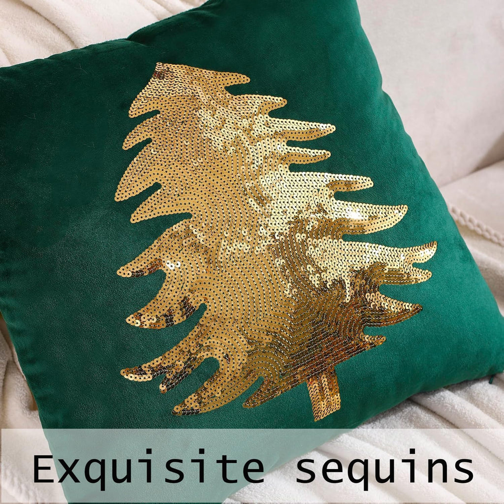 Christmas Pillowcases 18 x 18 inch Dark Green Xmas Tree Sequins Throw Pillow Cover Christmas Pillow case - Set of 2