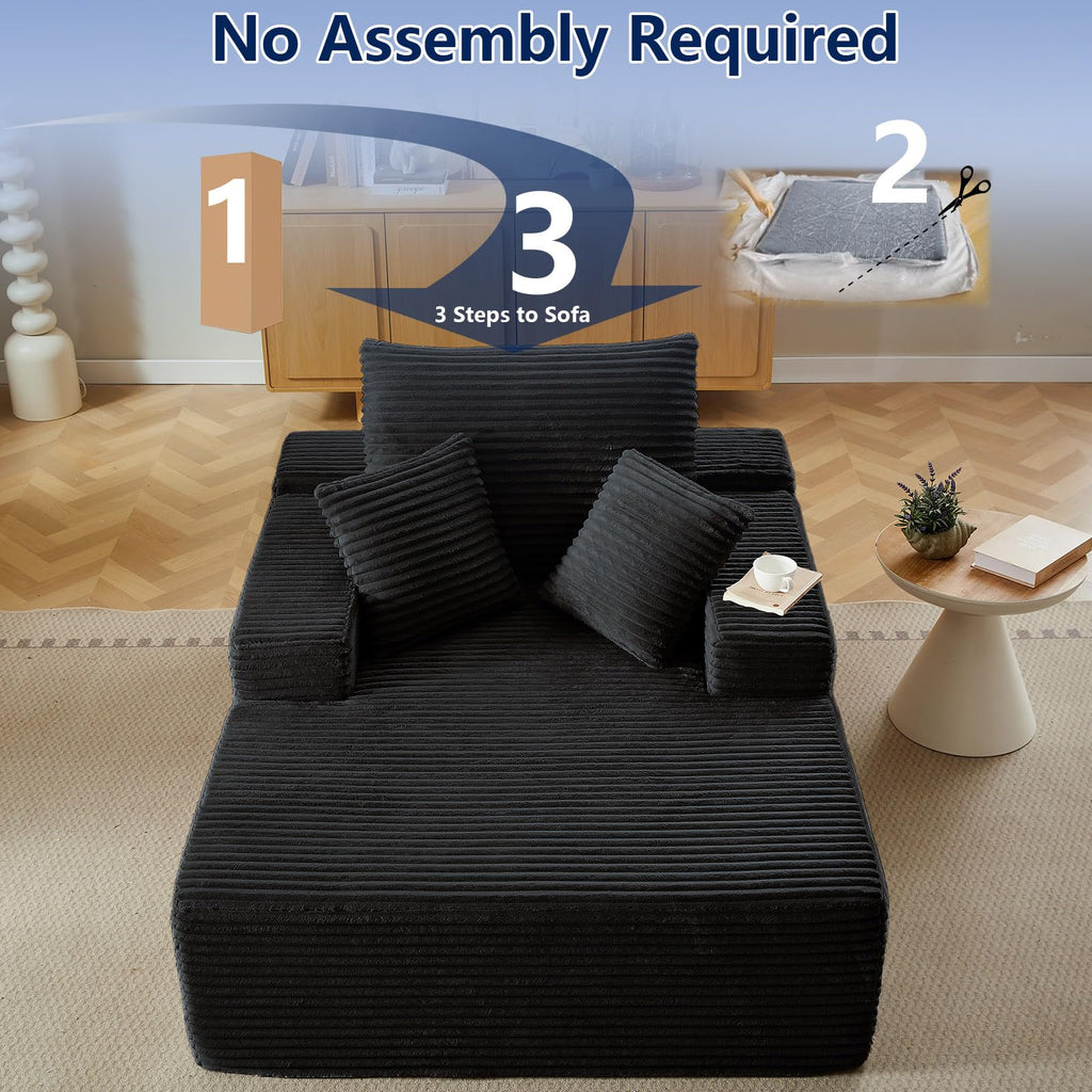 50" W Oversized Chaise Lounge Chair Indoor, Comfy Boneless Reading Chair with 3 Pillows, Luxurious Corduroy Fabric
