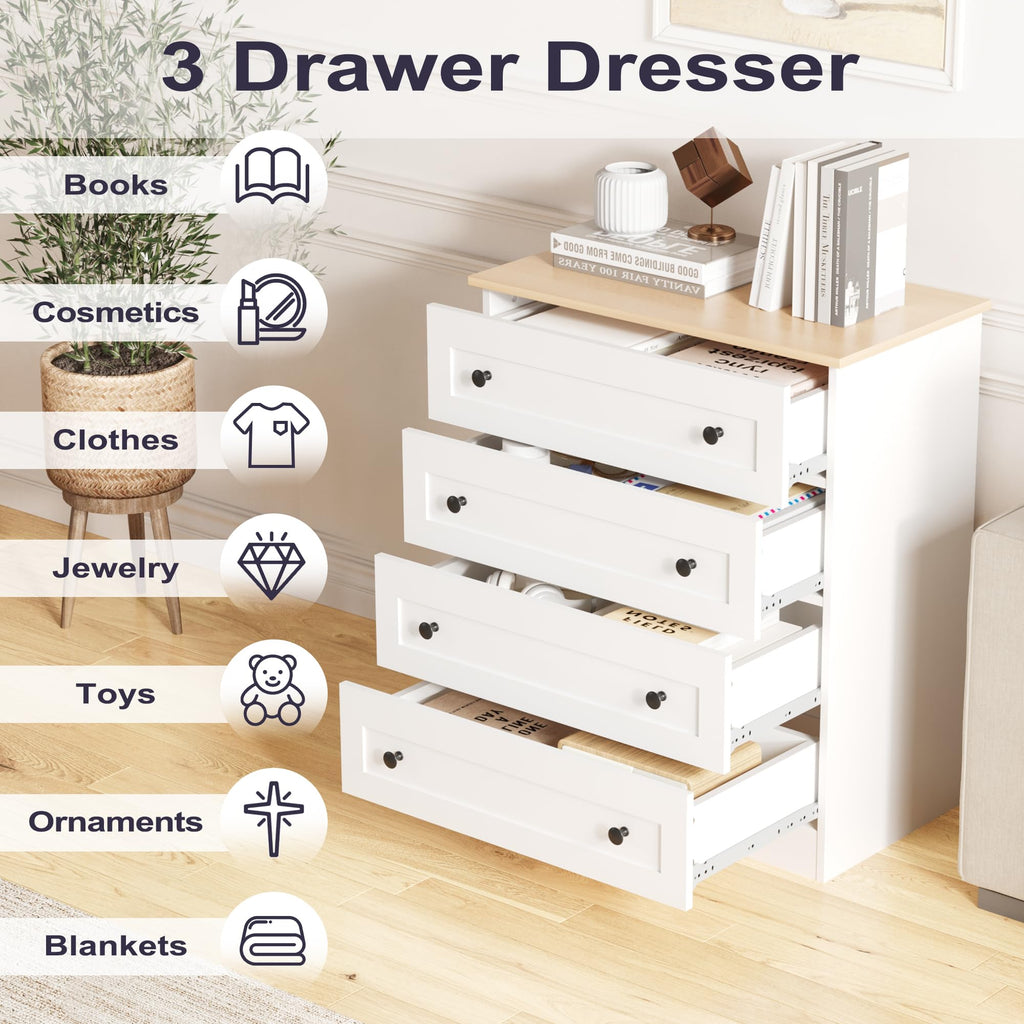 4 Drawer Dresser, White Dresser Modern Storage Chest of Drawers, Farmhouse Storage Cabinet Organizer with 4 Drawers