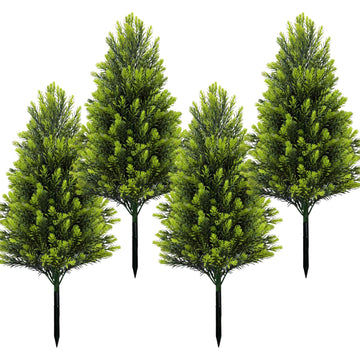 4Pack Artificial Cedar Topiary Trees Outdoor with Spike, 20" UV Resistant Fake Shrubs Bushes with Stake, Outdoor Faux