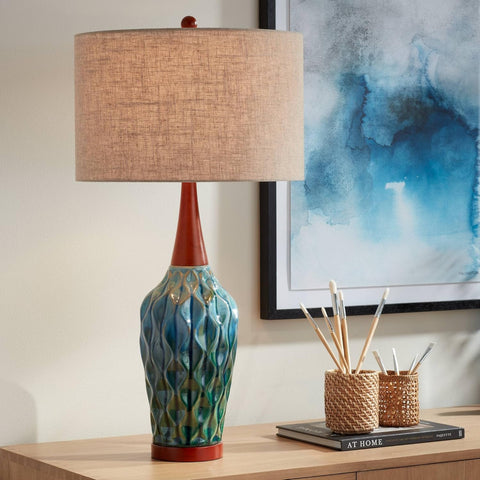 Rocco Mid Century Modern Table Lamp 30" Tall Ceramic Blue Teal Glaze Wood Handmade Linen Drum Shade 
