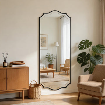 63"x24" Scalloped Full Length Mirror, Black Rectangle Wavy Mirror