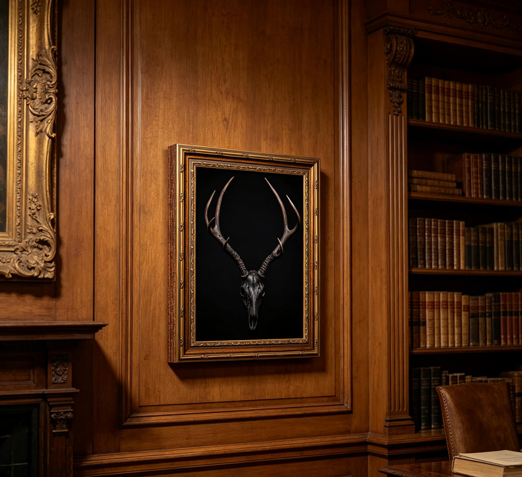 Vintage Gold Framed Gothic Wall Art, Black Deer Skull Canvas Print, Dark Academia Wall Decor, Spooky Witchcraftl