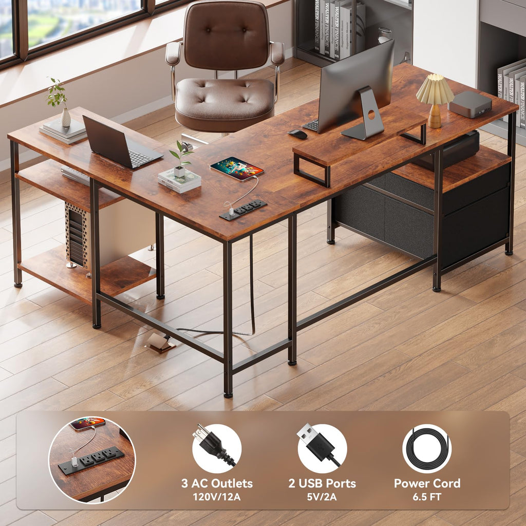 50 Inch L Shaped Computer Desk with Power Outlet, Rustic Brown