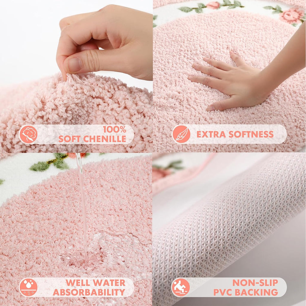 Rose Floral Area Rugs Ultra Soft Low Pile Shag Rug, Non Slip Washable Modern Floor Mat Pad Bedroom Bathroom Dorm