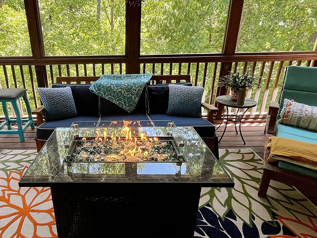 44in Outdoor Propane Gas Fire Pit Table, 50, 000 BTU Auto-Ignition Gas Firepit with Glass Wind Guard, Marble Tile