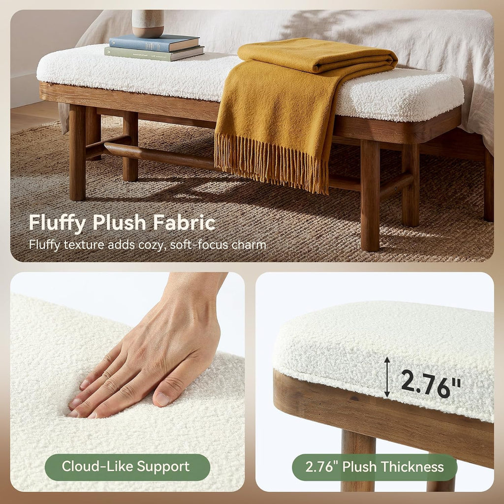 55" Upholstered Bedroom Bench, Solid Wood End of Bed Bench, Modern Indoor Bench with Cushion , White & Brown