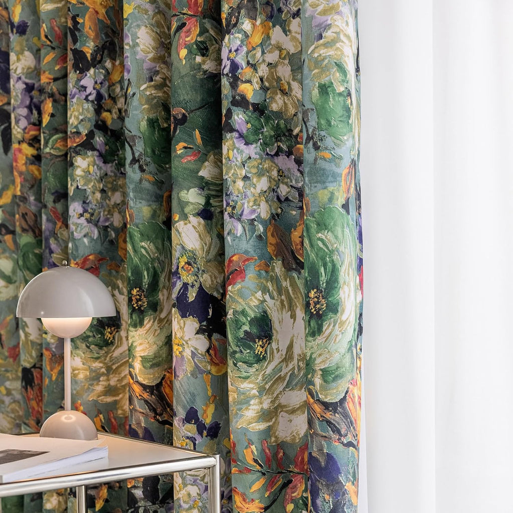 Dark Green Vintage Floral Blackout Curtains for Bedroom 96 inches Long Pattern Painting Flower Window Drapes for
