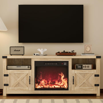 Fireplace TV Stand for TVs up to 65 Inch, Barn Doors, Natural Oak