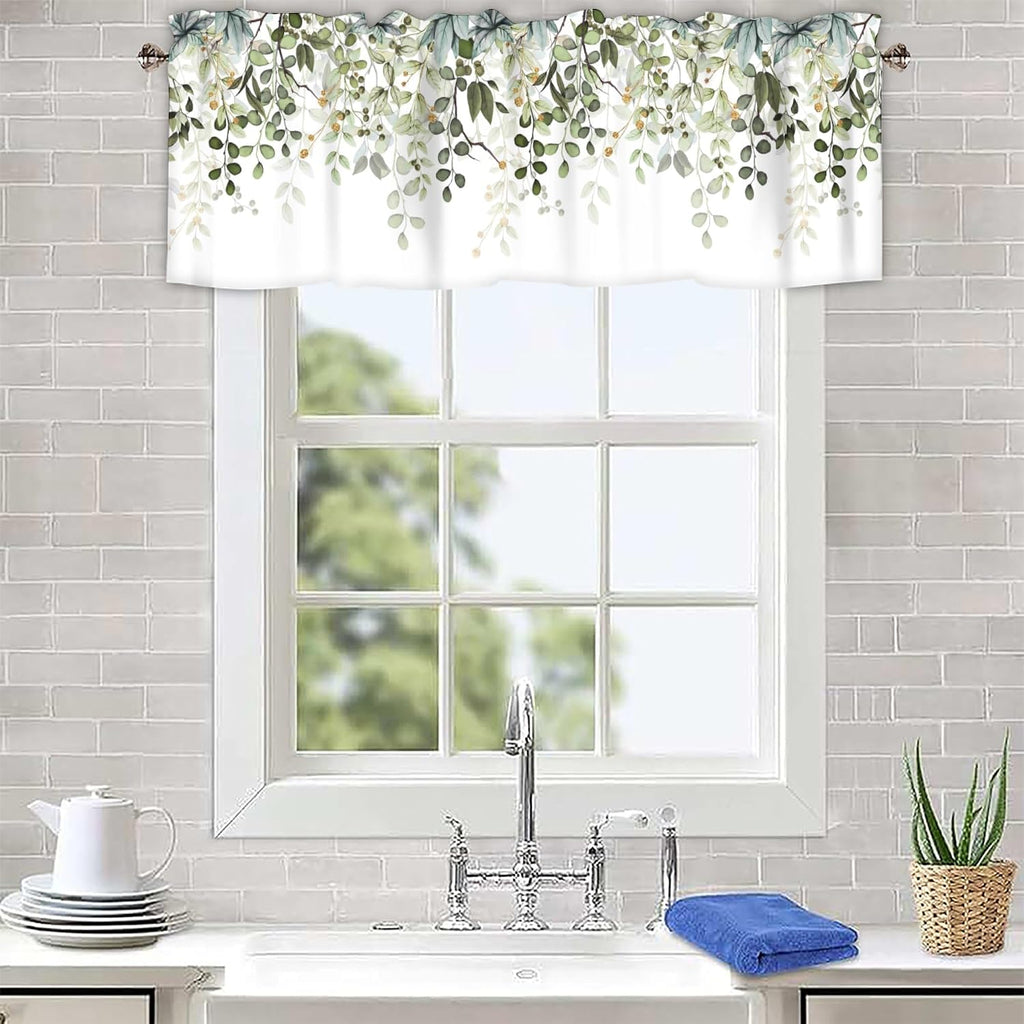 Sage Green Eucalyptus Leaves Curtain Valance for Windows Watercolor Window Treatments 1 Panel Short Curtains for