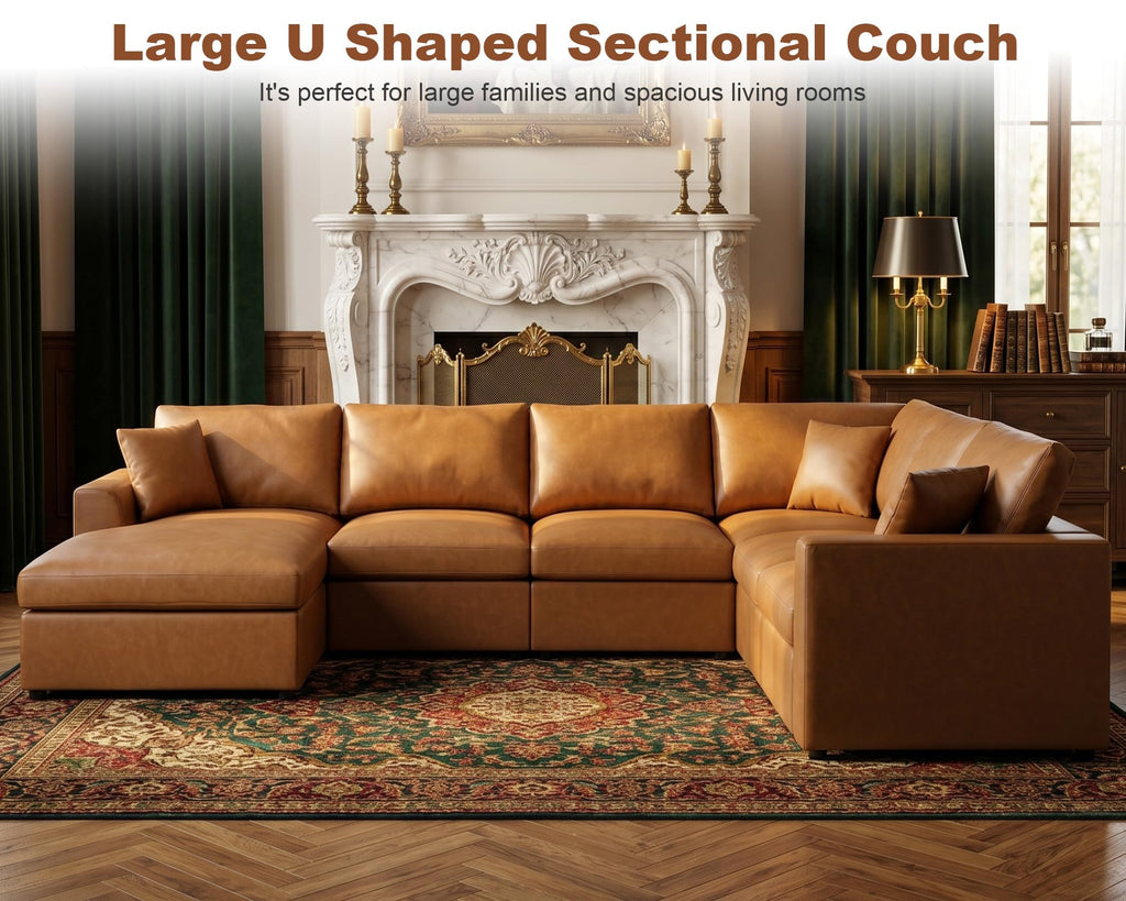 Oversized Leather Modular Sectional Sofa, Brown