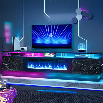 80" Modern Fireplace TV Stand Entertainment Center, Marble Black