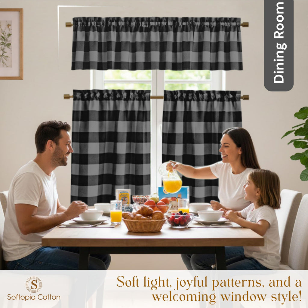 Buffalo Plaid Window Curtain Set, 3 Piece Cotton Tier and Valance, 2 Tiers 26x36 Inch and Valance 54x18 Inch, Rod