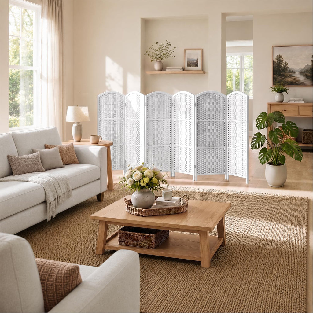 Room Divider, Short Folding Privacy Screen Panel, 6 Panel, White