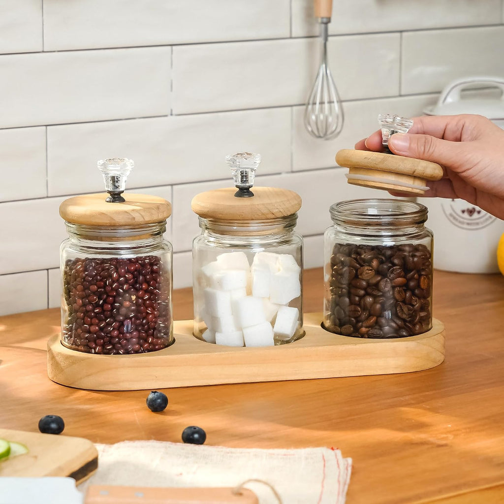 Farmhouse Glass Canister Set with Airtight Wood Lids, 3 Piece
