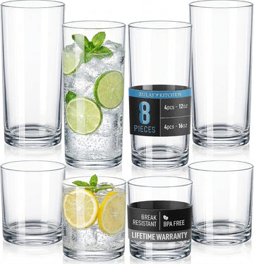 Plastic Drinking Glasses (Set of 8) - Mixed 16oz & 12oz Acrylic Shatterproof Cups & Outdoors - Glass Look - BPA &