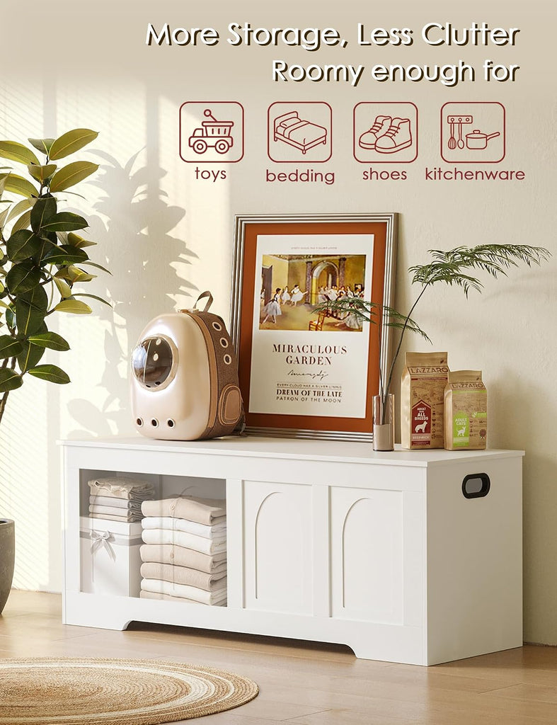 Storage Chest, Wooden Toy Box with Lid, 2 Soft-Close Hinges 47.2" | Entryway Shoe Bench, Finger-safe Flip-Top, Easy