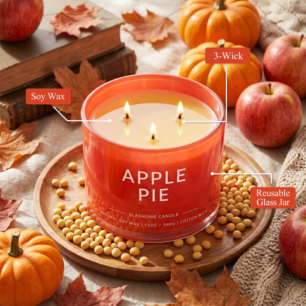 Apple Pie Scented Candle, 12 Oz 3-Wick Soy Wax Fall Home Decor