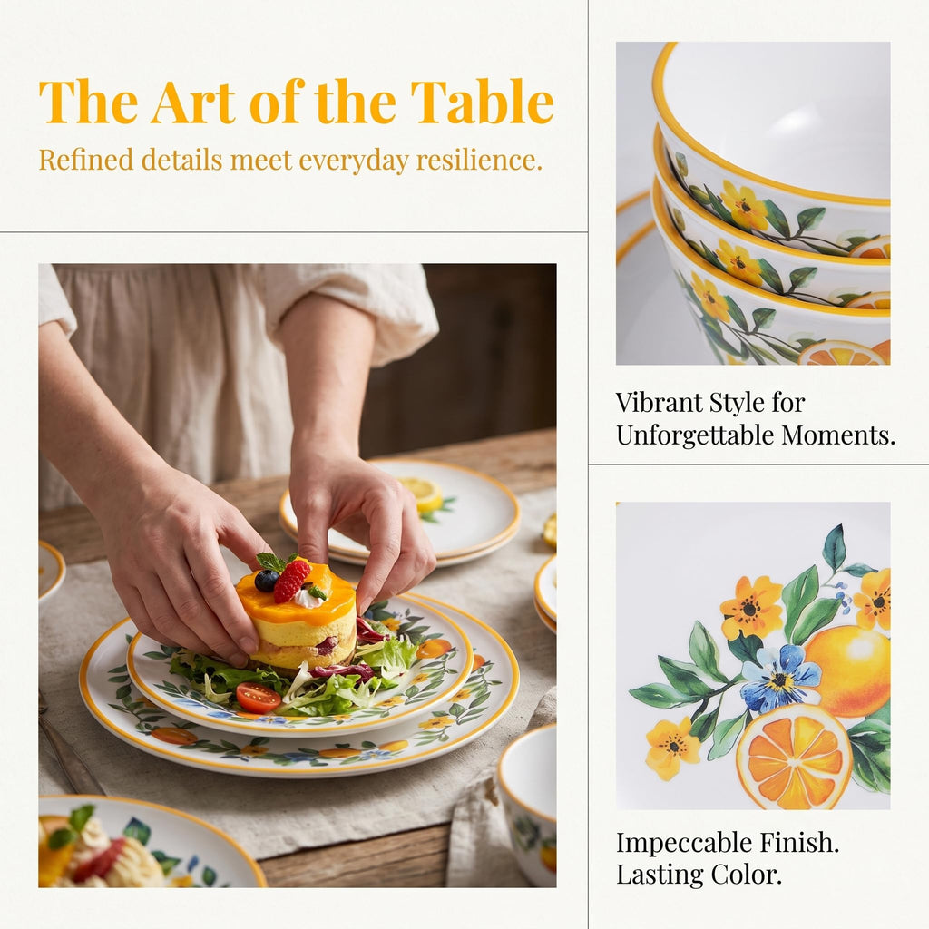 Lemon Dinnerware Set for 4, 12-Piece Melamine Plates and Deep Bowls