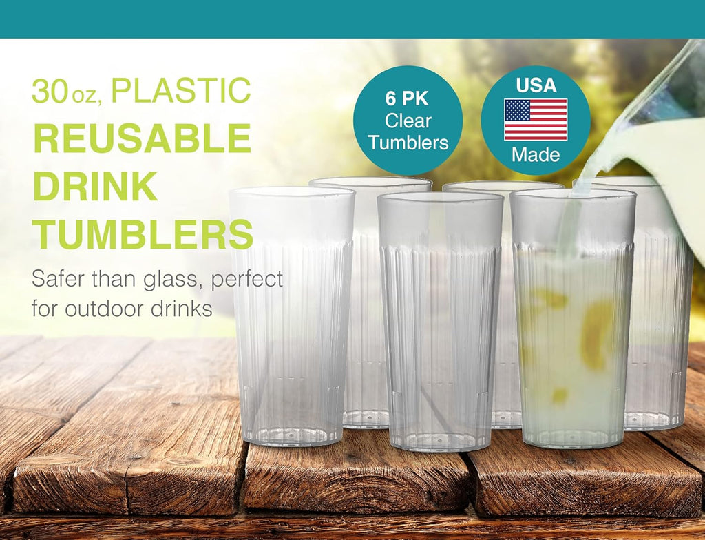 Arrow 30 oz Clear Plastic Tumblers - 6 pk - Break-Resistant Drinking Glasses Use - Dishwasher Safe - BPA Free - Made