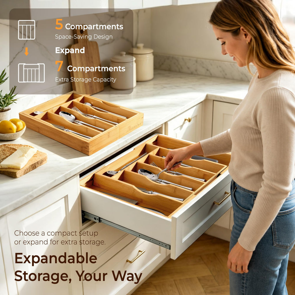 Expandable Bamboo Kitchen Drawer Organizer for Cutlery and Utensils, Adjustable Bamboo Wood Cutlery Tray in Drawer