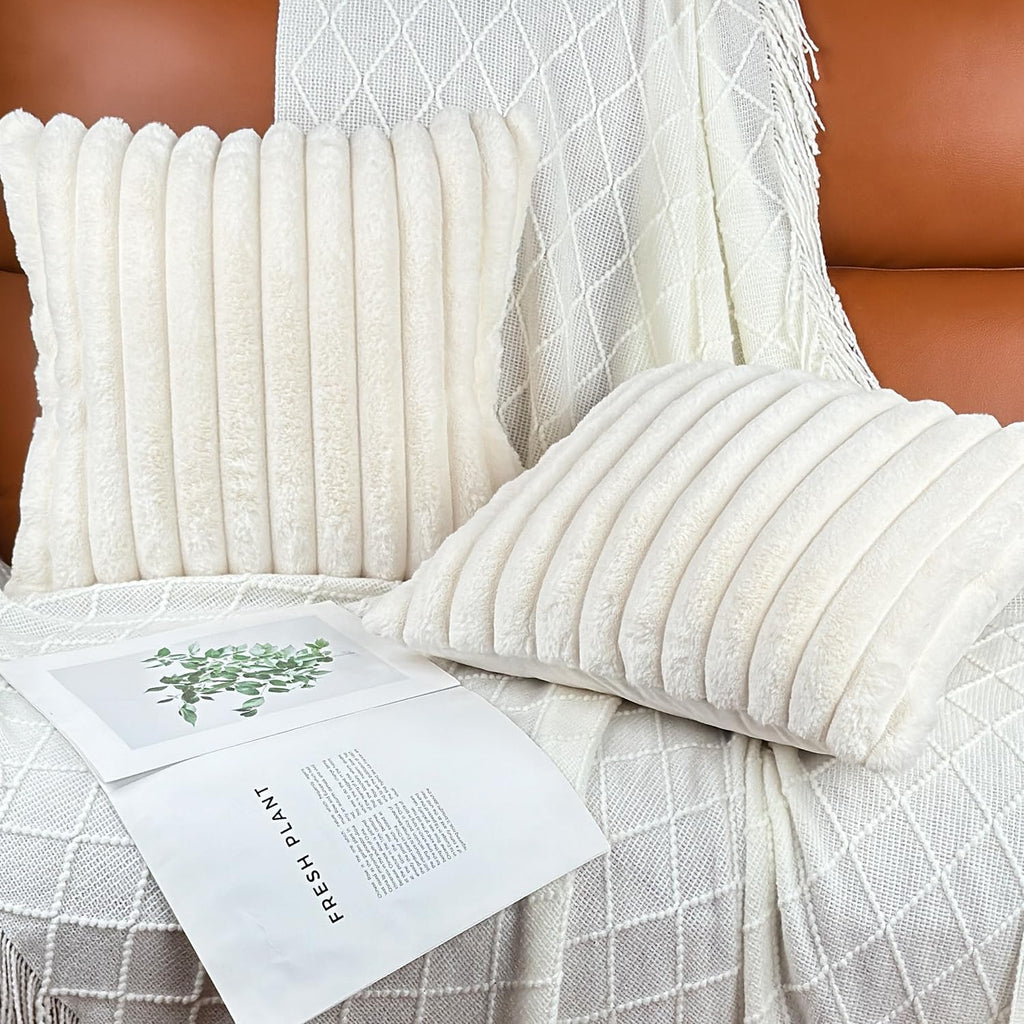18x18 Throw Pillow Covers Set of 2, Decorative Faux Fur Covers, Neutral Home Décor Accent