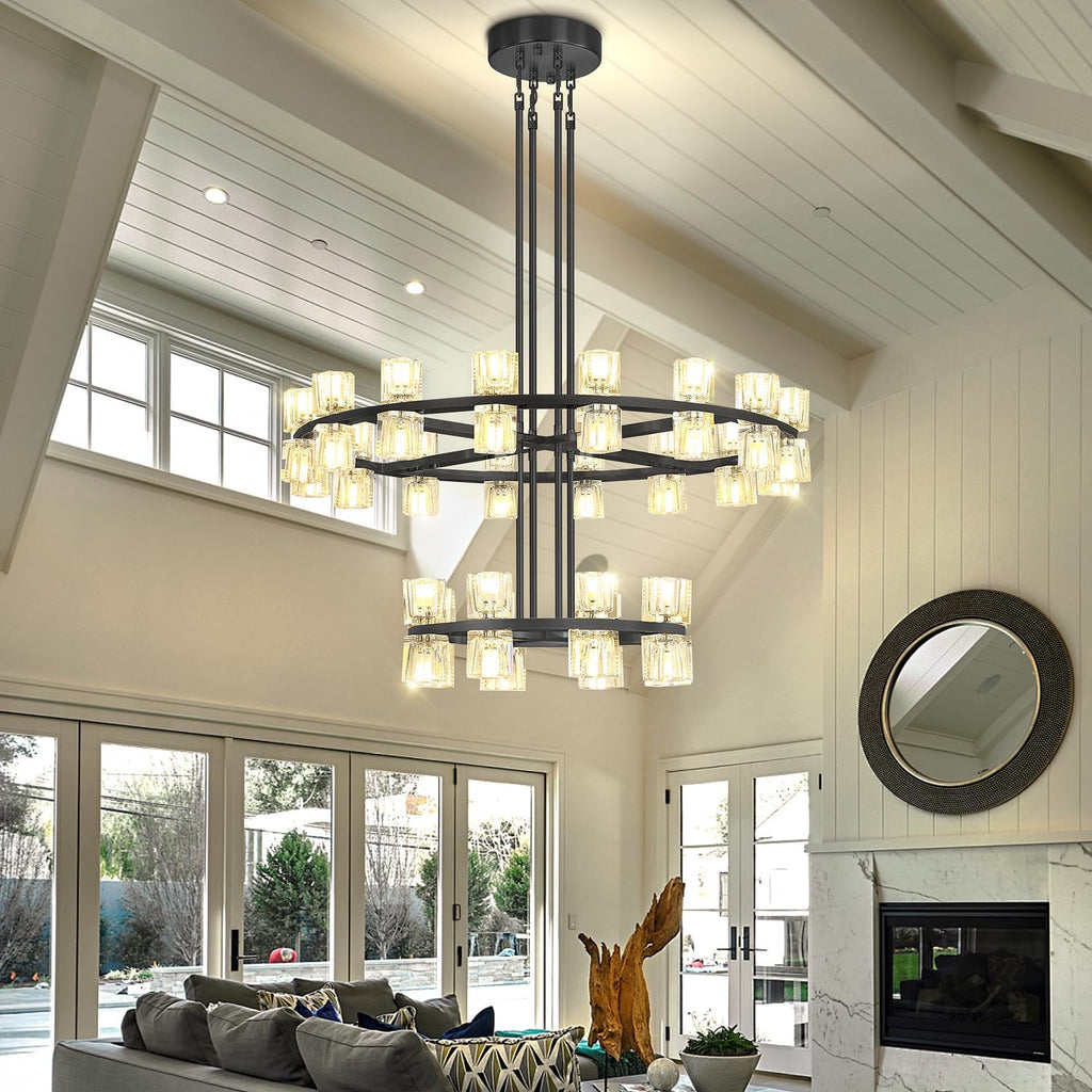 Inspired Arcachon Style 2-Tier Round Wagon Wheel Chandelier, 16" + 32" 48-Light Black — Foyer, Great Room & Dining