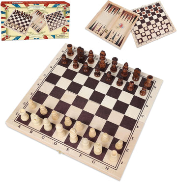 Wooden Chess, Checker, and Backgammon 3 in 1 Board Game Set,Classic Traditional Travel Night Toy and Game Gift Set
