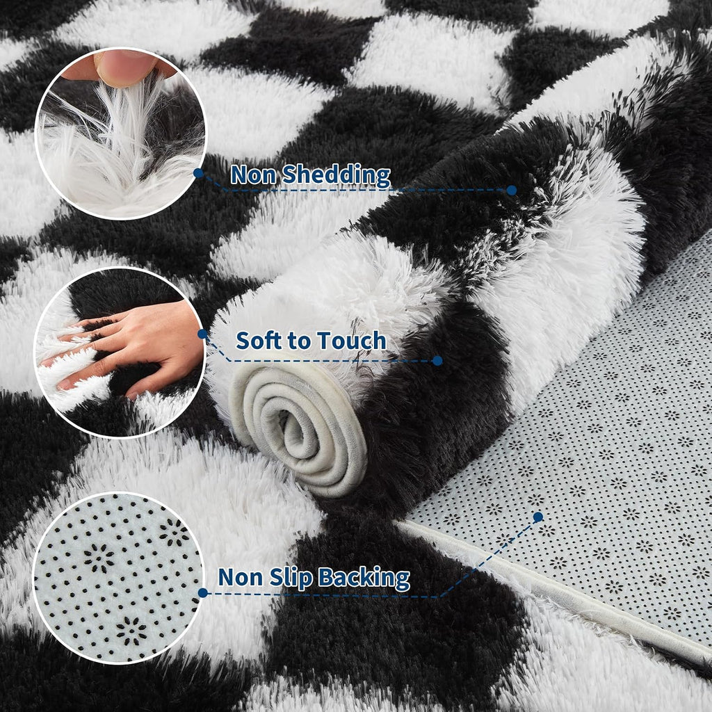 Checkered Area Rug 9x12 Large Rug Thick Super Soft Shaggy Rugs Fluffy Carpet Fluffy Fuzzy Shag Washable Rugs Nursery