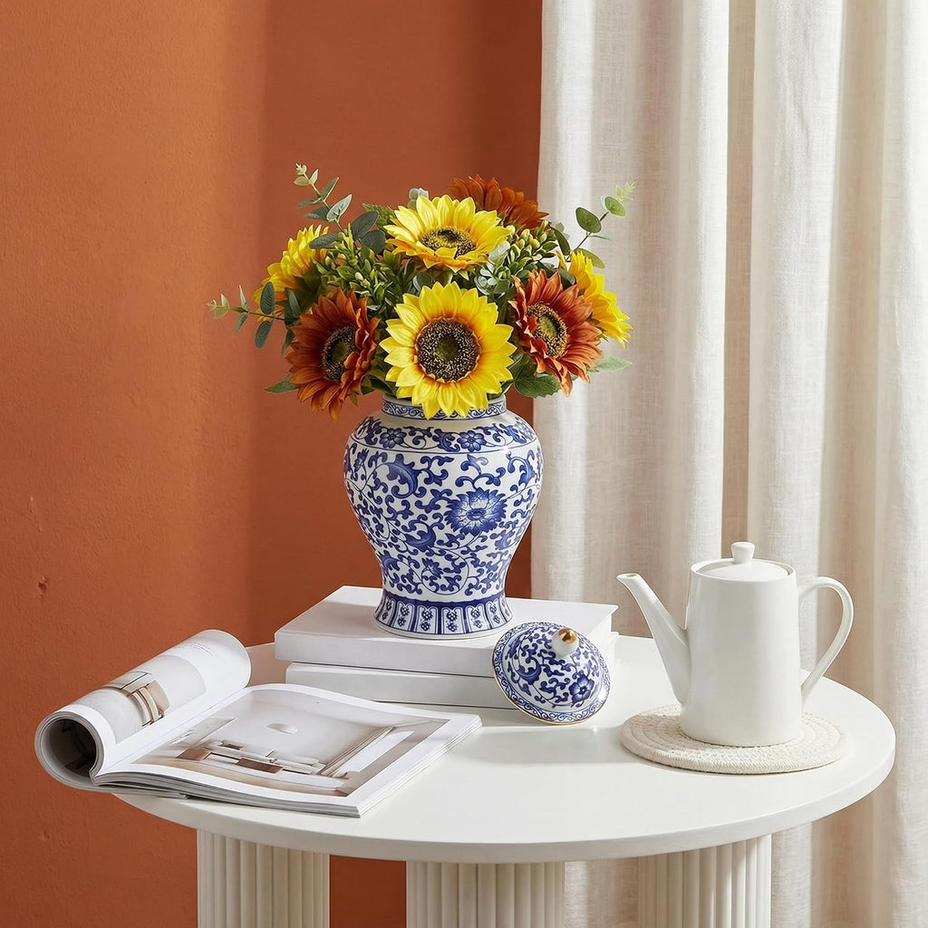 Blue and White Ginger Jar with Lid, 7.2 Inch Chinoiserie Porcelain Ginger Jars Airtight, Decorative Ceramic Tea Candy