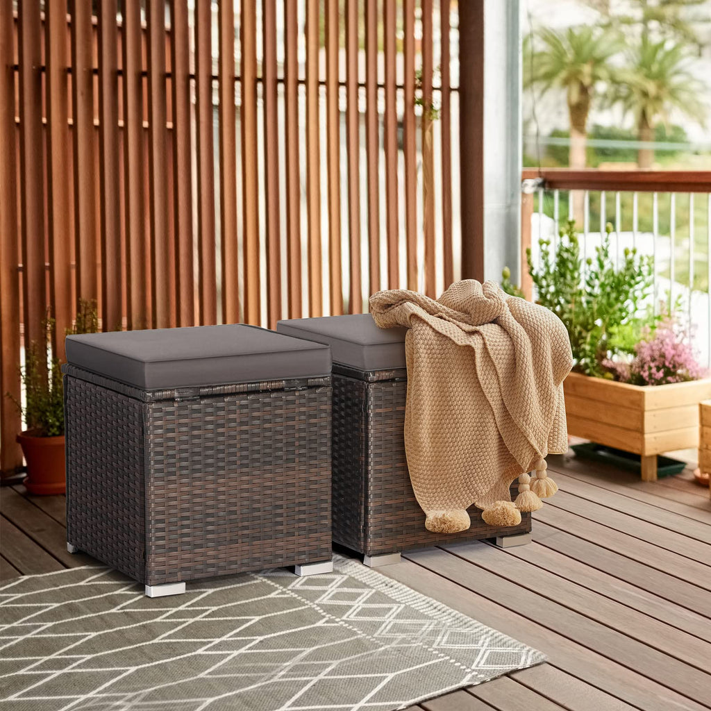 Outdoor Storage Ottoman Wicker 2 Piece, Patio Ottomans PE Rattan Foot Rest Footstool with Cushions for Couch, Chair